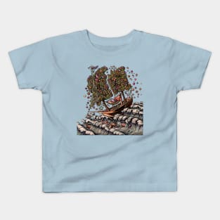 Woman in Ship on Ocean, Sails of Flowering Trees Kids T-Shirt